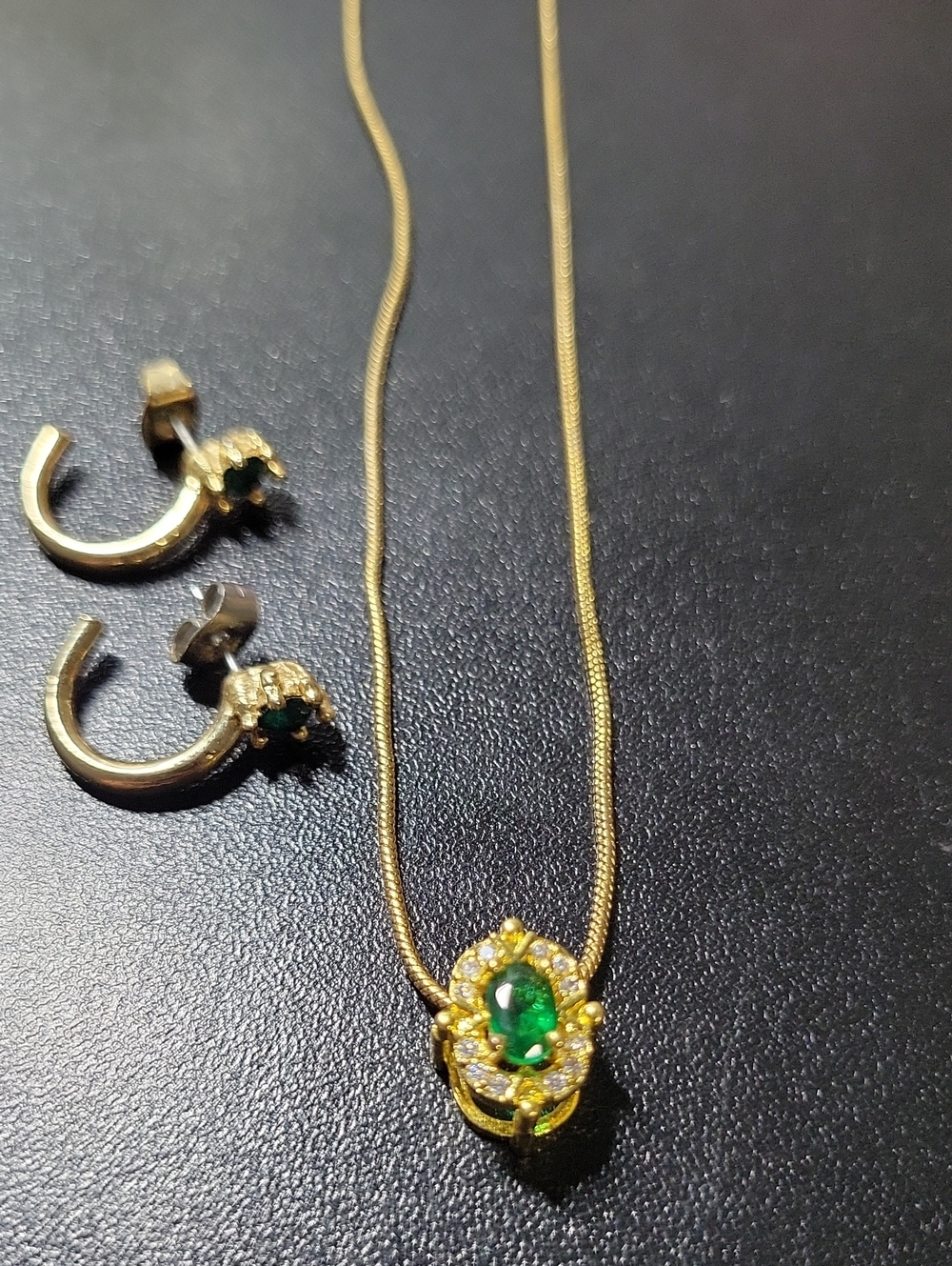 Gold-tone Necklace and Earring Set with Green Center Stone